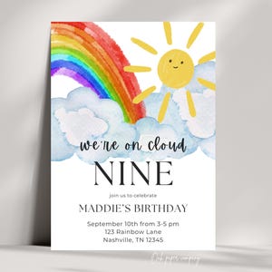 On cloud nine birthday invite, instant download cloud 9 invitation, rainbow 9th birthday invites, cloud nine birthday invitation, 9th bday
