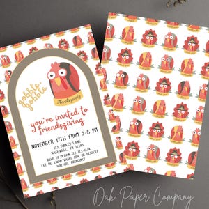 May include: A Thanksgiving invitation card with a cartoon turkey illustration and the text "gobble gobble" in gold lettering. The card is decorated with a pattern of turkeys wearing pilgrim hats. The text on the card reads "You're invited to Friendsgiving, November 17th from 5-8 PM, 123 Turkey Lane, Nashville, TN 12345, RSVP to Megan 123-123-1234, Let me know what side or dessert you are bringing!"