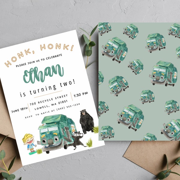 Trash truck honk honk watercolor invite. Instant download. Editable easy download. Garbage truck invite for kids