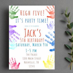 May include: A colorful birthday party invitation with handprints in various colors. The invitation reads "High Five! It's Party Time!" and includes the details of Jack's 5th birthday party, including the date, time, and location.