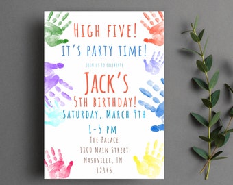 High Five 5th Birthday Invitation: Rainbow Handprints (Digital Download)