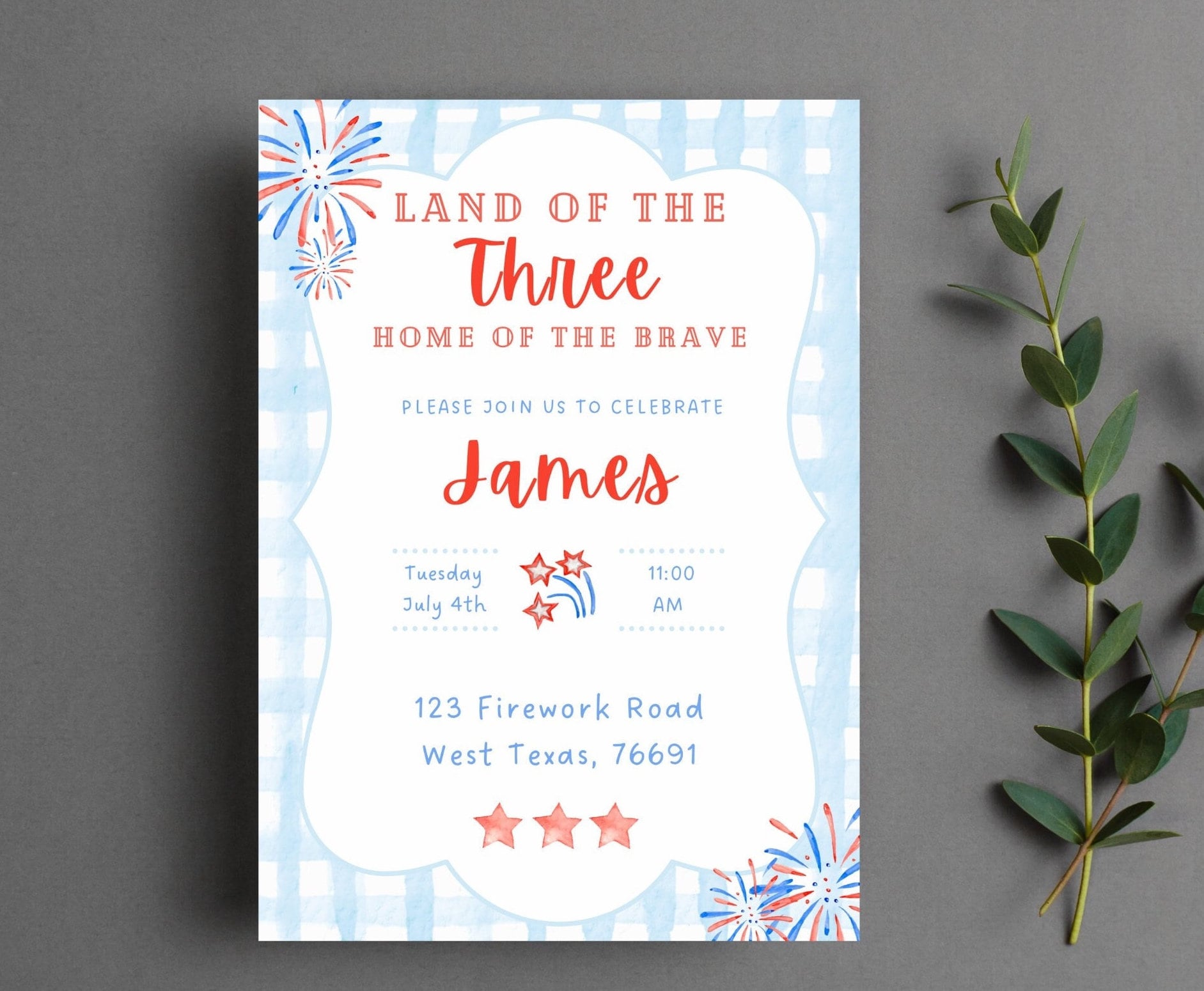 Land of the three, home of the brave birthday invitation july birthday Blue gingham Fourth of July birthday invitation turning 3 red white