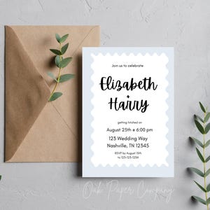 Dusty blue wavy wedding invites, modern squiggly blue printed wedding invitations, simple wedding, classic wedding, dusty blue invites