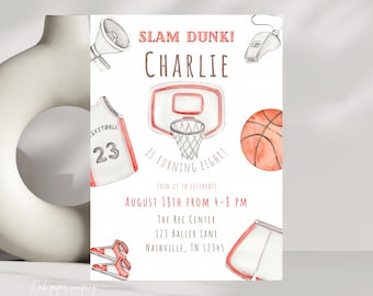 Inbjudan till Slam Dunk-basketboll med födelsedag | Redigerbar festinbjudan (nedladdning av Canva direkt)