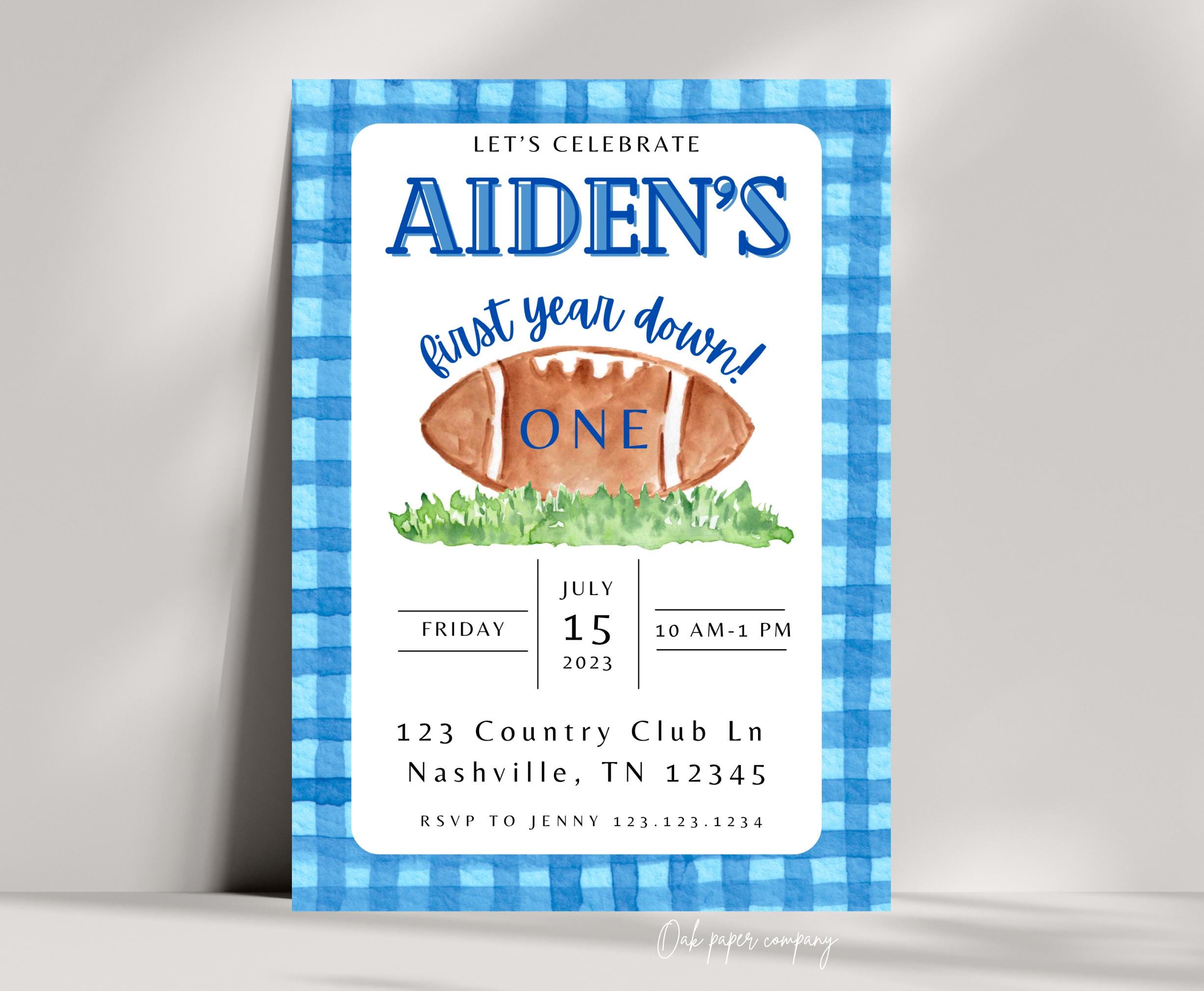 Blue football First year down invitation, navy blue touchdown birthday invite, 1st birthday football invite, football first birthday invite