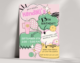 Pickleball Birthday Invitation: Pink & Green Party Invite (Digital Download, 5x7)