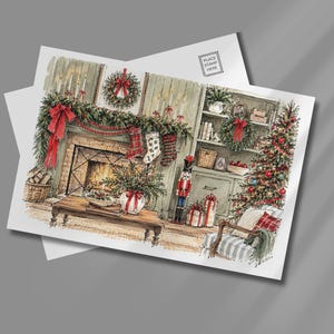 May include: A postcard featuring a watercolor illustration of a cozy living room decorated for Christmas. The scene includes a fireplace with a lit fire, hanging stockings, a decorated Christmas tree, a nutcracker, and gifts on the floor.