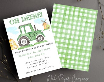 Oh Deere birthday invite, green tractor invitation, farm theme tractor theme birthday invite, textable invite, instant tractor invitation