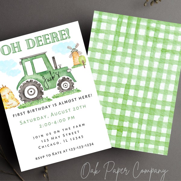 Oh Deere birthday invite, green tractor invitation, farm theme tractor theme birthday invite, textable invite, instant tractor invitation