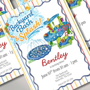 May include: Invitations for a backyard-themed birthday party. The design features a blue and green water table, a splash pad, and the text "Backyard Bash & Splash!" in blue and orange. The invitation includes the name "Bentley" and party details.