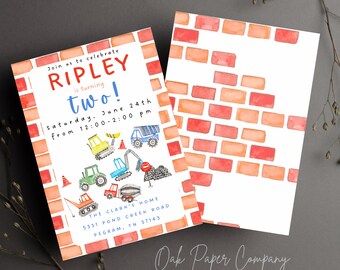 May include: Construction themed birthday invitation with a brick background. The invitation says "Join us to celebrate Ripley is turning two! Saturday, June 24th from 12:00-2:00 pm. The Clark's Home 5331 Pond Creek Road Pegram, TN 37143"