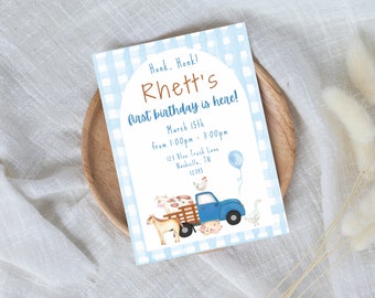 Blue Truck Birthday Invitation: Gingham Farm Animals