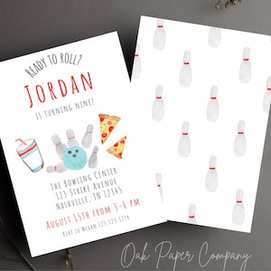 May include: A white invitation with red and blue text. The invitation is for a bowling party for Jordan's 9th birthday. The invitation includes a bowling pin, a bowling ball, a slice of pizza, and a soda. The invitation includes the date, time, and location of the party. RSVP information is also included.