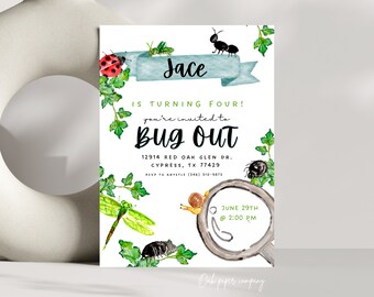 May include: A Bug Out themed birthday party invitation with a blue ribbon and the name Jace. The invitation features a watercolor illustration of various bugs, including a ladybug, a dragonfly, a snail, and an ant. The text on the invitation reads "Jace is turning four! You're invited to Bug Out" and includes the date, time, and location of the party.
