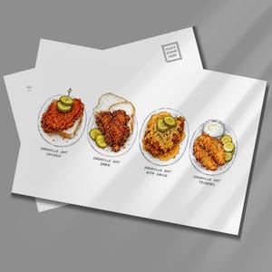 May include: A postcard featuring four hand-drawn illustrations of Nashville hot chicken dishes. The labels read Nashville Hot Chicken, Nashville Hot Dark, Nashville Hot With Sauce, and Nashville Hot Tenders, with a stamp box in the top right corner.