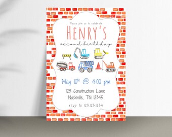 May include: A watercolor-style birthday invitation with a red brick border. The invitation features the text "HENRY'S second birthday" and construction vehicles. The date and time are included, along with an address and RSVP information.