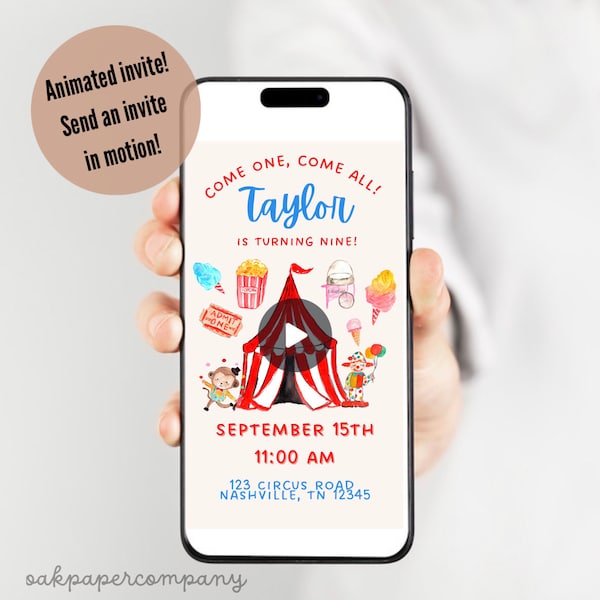 Circus animated video mobile evite, circus e-vite for kids, animated circus birthday invitation, textable birthday invitations, carnival