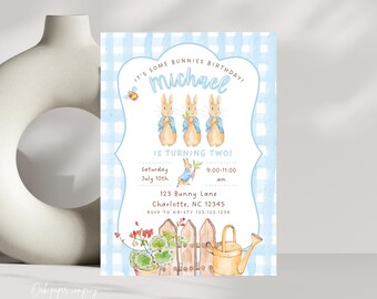 Bunny Birthday Invitation: Blue Gingham, Easter Invite (Instant Download)