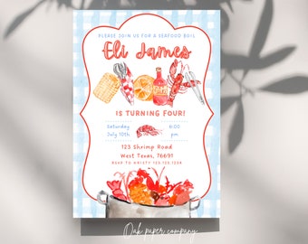 Seafood Boil Invitation: Blue Gingham Birthday Party (Digital Download)