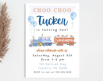 Choo choo turning two birthday invite train birthday invitation instant download