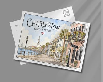 Charleston Postcard Pack, South Carolina Watercolor Stationery, Rainbow Row Souvenir Mail, Meeting St Battery Illustration, SC Travel Gift