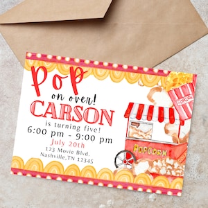 Popcorn birthday invitation. Poppin birthday invite. Instant download. Editable kids invitation.