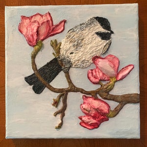 Magnolia Chickadee Pintura esculpida original sobre lienzo Regalo del día de la madre