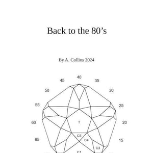 Puede incluir: Un diagrama en blanco y negro de un diamante con el texto "Back to the 80's" y "By A. Collins 2024" sobre el diamante. El diamante está dividido en secciones etiquetadas como "T", "C1", "C2", "C3", "C4" y "C5". Números del 5 al 75 se colocan alrededor del diamante.