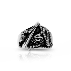 316L Steel Eye of Providence and Octopus Ring, Masonic Ring, Octopus Ring, Trilateral Eye of Providence