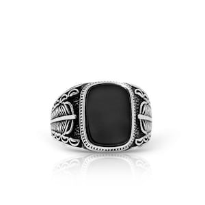 Blattring mit schwarzem Stein, Ring Mann Unisex Frau Vintage-Stil Mode mit Gothic Stone Punk Edelstahl Schmuck