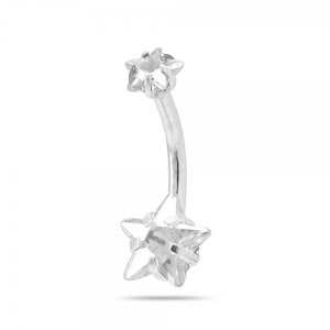 May include: Silver belly button ring with two star-shaped clear crystals.
