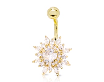 Bauchnabelpiercing mit Stahlblumenanhänger.