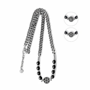 May include: A silver chain necklace with black beads and a silver pendant featuring a Star of David design.