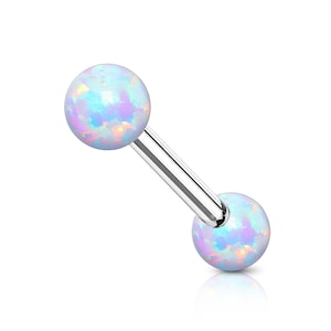 May include: A tongue piercing barbell with two iridescent, opal-like spheres, joined by a straight, silver bar. The spheres have a mix of blue, white, and pink colours, creating a shimmering effect. The jewellery is set against a white background.