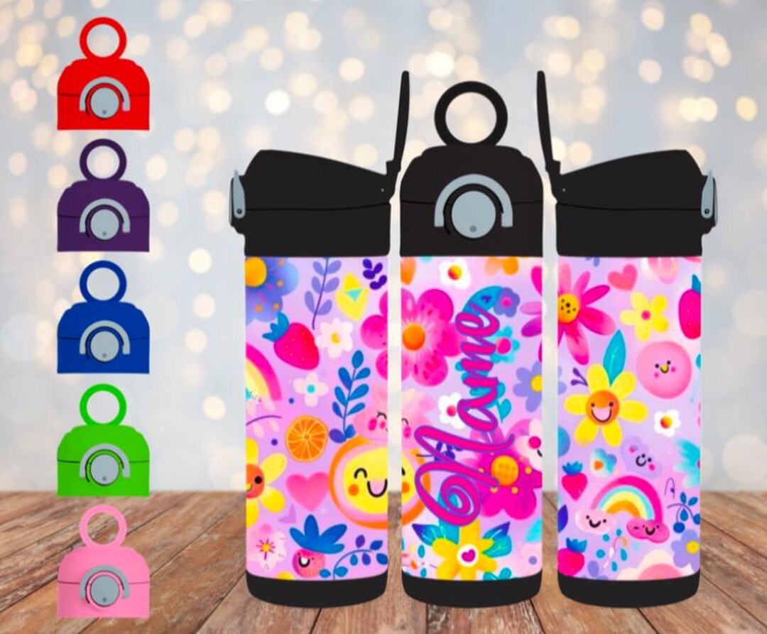 Personalized Kids Water Bottle, Floral Design, Custom Name Tumbler 12oz ...