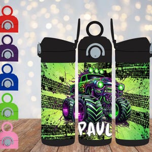May include: A set of colorful water bottles with black lids and a monster truck design. The bottles are decorated with a green and black background, tire tracks, and the name "PAUL". The lids are red, purple, blue, green, and pink.