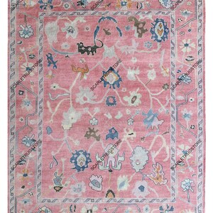 Hand Knotted Pink Oushak Rug with Soft Blue Accents – Traditional Turkish Floral Wool Carpet, Vintage Inspired Area Rug 8x10 9x12