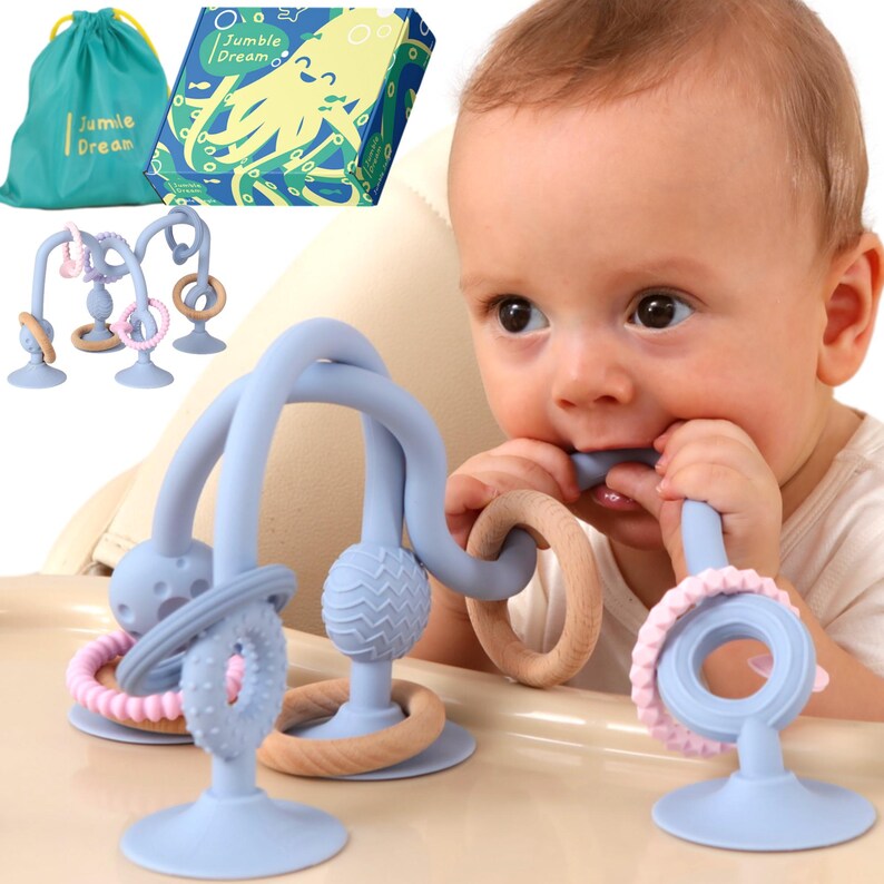 Jumble Jangle Baby Teething Toy – High Chair Suction Teether Toy for Babies, Infants and Toddlers 0–24+ Months Light Blue