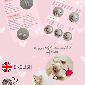 May include: Detailed crochet pattern instructions with diagrams for making a cat doll. The image shows the steps for arms, legs, and facial details. A finished beige cat doll with a pink bow is also shown.