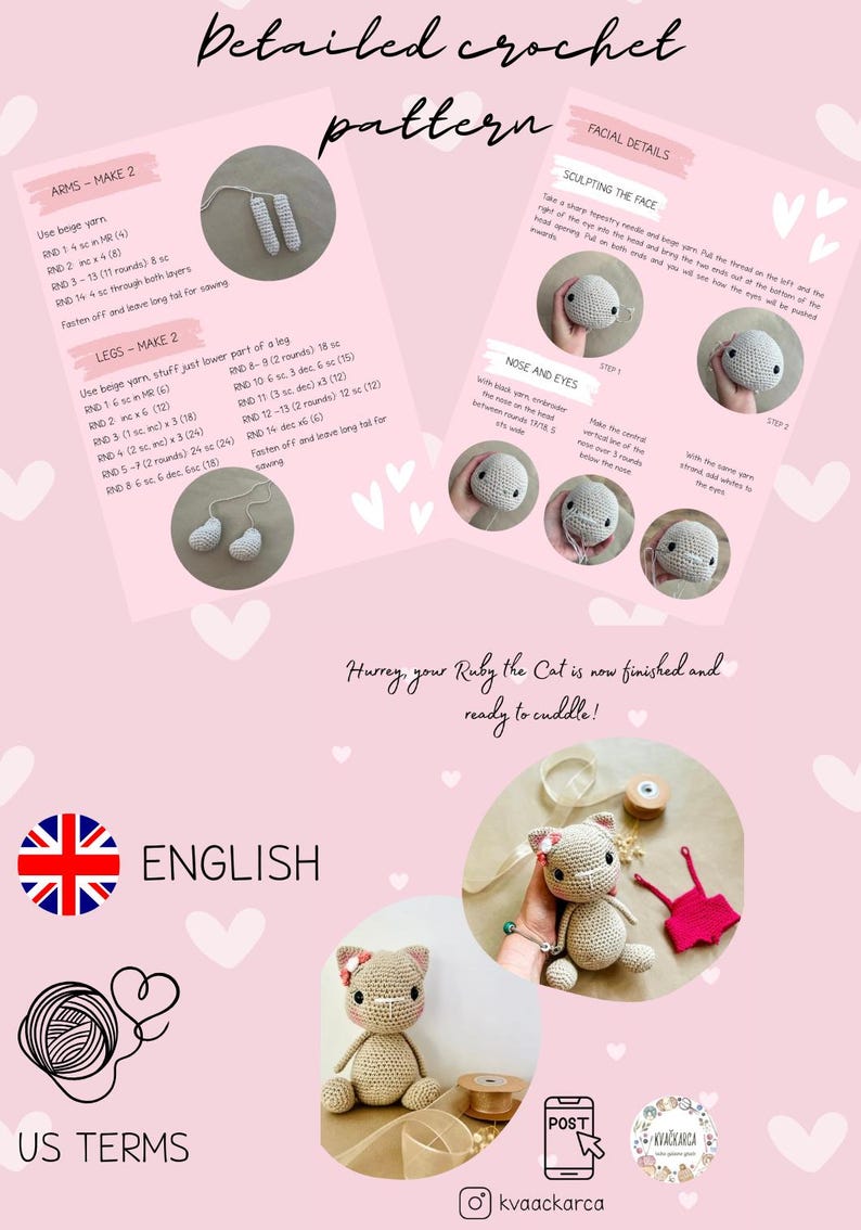 May include: Detailed crochet pattern instructions with diagrams for making a cat doll. The image shows the steps for arms, legs, and facial details. A finished beige cat doll with a pink bow is also shown.