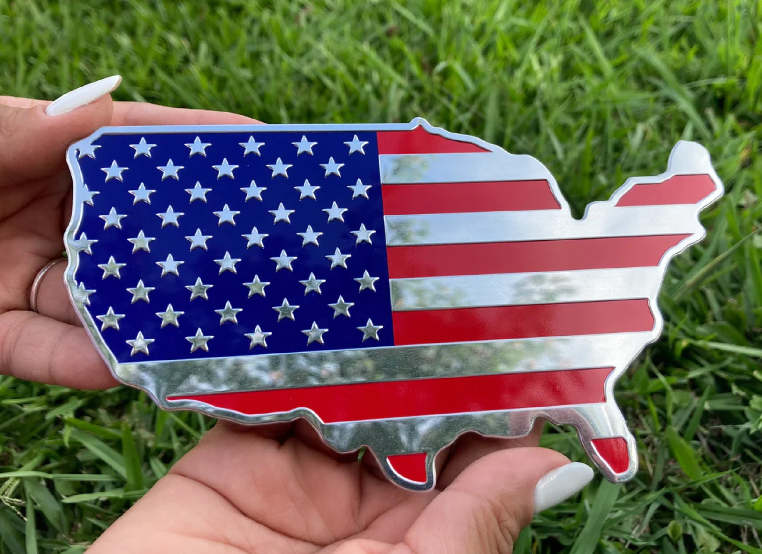 USA American Color Aluminum Map Flag Fender Emblem for Cars, Trucks, Wall, Laptop 7"x4"