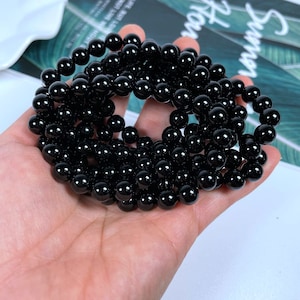 Natural Black Agate Bead Bracelet: 8 mm Round Crystals Premium High Quality Handmade Grade Stretch Gemstone Bracelet
