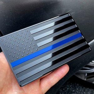 USA Black With Blue Line Metal Flag Emblem for Cars, Trucks 5&quot;x 3&quot; 1pcs
