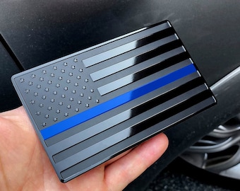 USA Black With Blue Line Metal Flag Emblem for Cars, Trucks 5&quot;x 3&quot; 1pcs