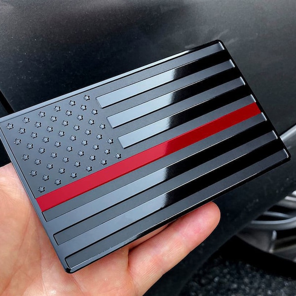 USA Black With Red Line Metal Flag Emblem for Cars, Trucks 5"x 3" 1pcs