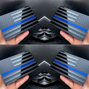 USA Black Metal Flag Emblem With Blue Line For Cars, Trucks 5&quot;x 3&quot; 2pcs Forward and Reverse Set