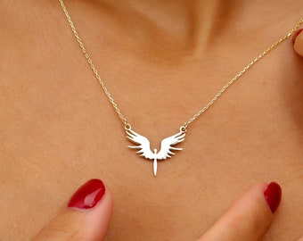 Gold Phoenix Necklace, Dainty Mythical Bird Jewelry, Archangel Michael Rising Charm, Inspirational Gift,  Ancient Greek Mythology