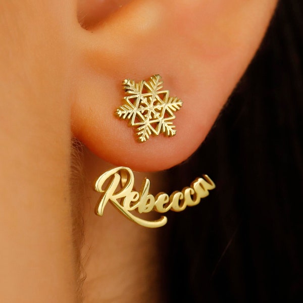 Custom Ear Jacket Name Earrings with Snowflake, Personalized Star Ear Jackets with Name by MinimalistGoldDesign