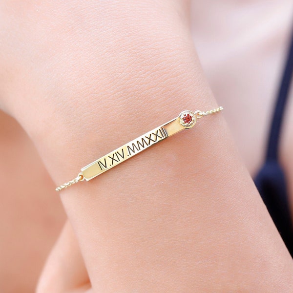 Custom Bar Bracelet with Birthstone, Personalized Name Bar Bracelet, Roman Numeral Bracelet, Coordinates Bracelet, Friendship Name Bracelet