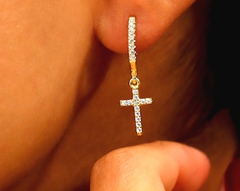 14K Gold Filled Diamond Cross Earrings: Pave CZ Sterling Silver Huggies